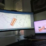 Plan De Situație Și Plan De Expertiză Deschise Pe Monitor, Cu Ștampila De Respins, Lângă Laptopul Cu Cererea De Reexaminare Adresată Ocpi