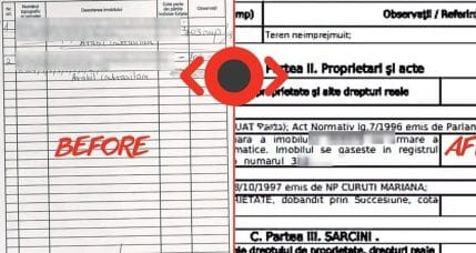 Actualizare CF: carte funciară veche, pe număr topografic, față de extrasul de carte funciară actualizat