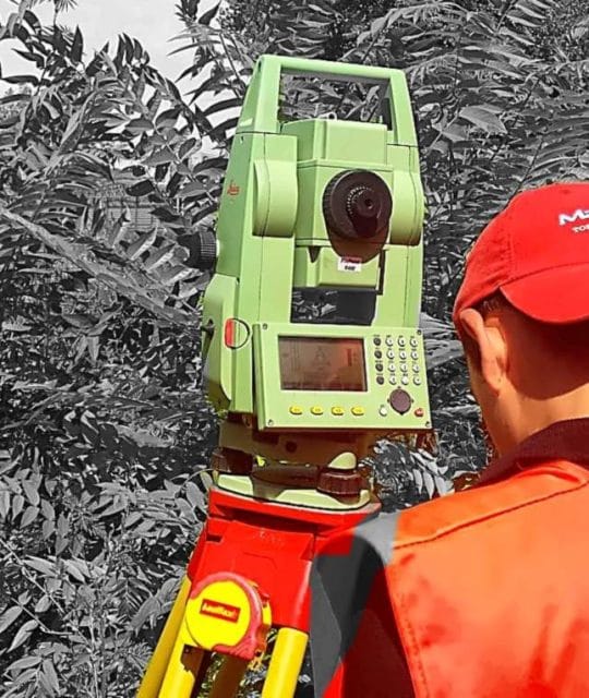 Topograf Map Design la stația totală Leica, la măsurători pe un teren acoperit de vegetație